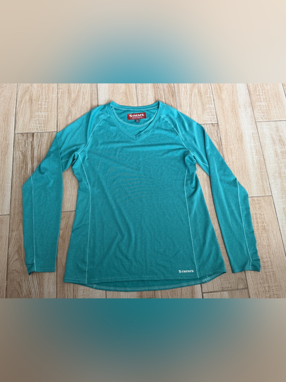 Simms Women’s Teal SolarFlex V-Neck Long Sleeve Fishing Shirt UPF 50 Large